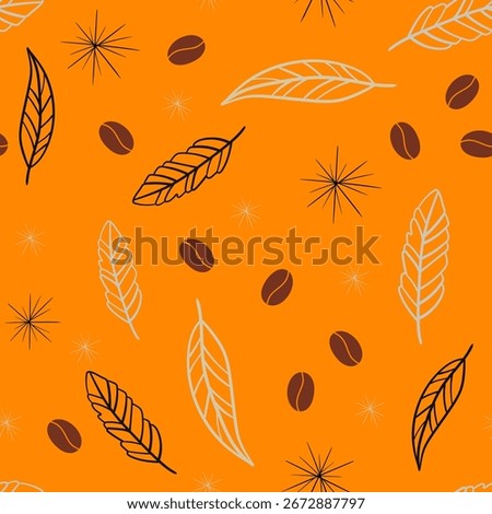 bohemian seamless pattern hand sketched plumes coffee seeds celestial stars warm orange backdrop for textile art stylish interior design