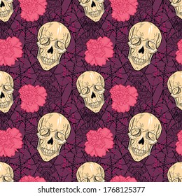 Bohemian seamless pattern with human skull, flowers and spider web. Gothic tattoo art style.
