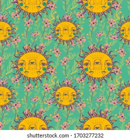 Bohemian seamless pattern with medieval sun and floral meadow. Vintage style. Gypsy and folk motifs.