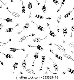 Bohemian seamless pattern. Monochrome background with arrows in boho style. Vector illustration.