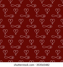  Bohemian seamless pattern. Monochrome background with hearts and signs of infinity in boho style. Valentines day wallpaper.