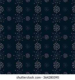  Bohemian seamless pattern. Monochrome background with spirals and snowflakes in minimalist style. Vector illustration.
