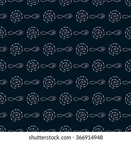  Bohemian seamless pattern. Monochrome background with spirals and signs of infinity in minimalism style. Vector illustration.