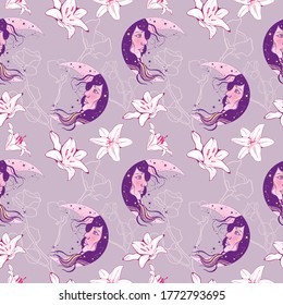 Bohemian seamless pattern with moon and lilies. Vintage style. Gypsy and folk motifs.