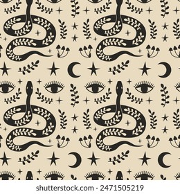Bohemian seamless pattern with snakes, leaf branches and eyes. Vector flat mystical minimalist background
