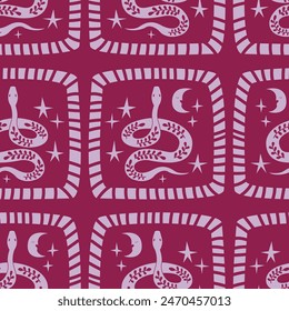 Bohemian seamless pattern with snakes, moon, stars and abstract frames. Mystical vector flat background