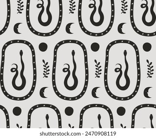 Bohemian seamless pattern with snakes, moon, leaf branches and abstract frames. Mystical vector flat background
