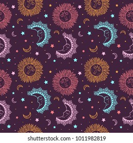 Bohemian seamless pattern with sun, moon and stars. Vintage style. Gypsy and hipster vector illustration.
