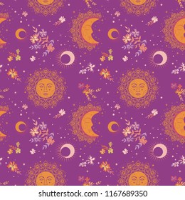 Bohemian seamless pattern with sun, moon, stars and flowers. Vintage style. Gypsy and folk motifs.