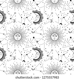 Bohemian seamless pattern with sun, moon, stars and constellation. Vintage style. Gypsy and hipster vector illustration. Astronomy and astrology symbol.