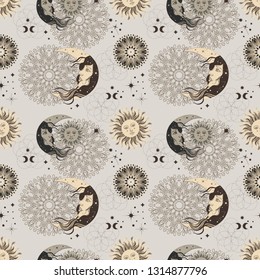 Bohemian seamless pattern with sun, moon, stars and constellation. Vintage style. Gypsy and hipster vector illustration. Astronomy and astrology symbol.