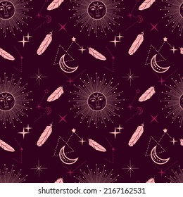 Bohemian seamless pattern with sun, moon, stars and constellation. Vintage style. Gypsy and hipster vector illustration. Astronomy and astrology symbol.