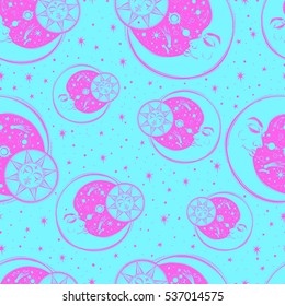 A bohemian seamless pattern that consists of pictures of the sun, the moon and stars. Can be used for fabric design, paper design,  textile, background. Religion, spirituality, occultism, magic.