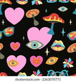 Bohemian seamless  patterns from the 70s with a psychedelic twist, groovy hippie inspired backgrounds. Cartoon style prints featuring flowers and mushrooms, glasses and  retro elements.