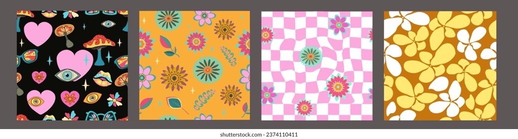 Bohemian seamless  patterns from the 70s with a psychedelic twist, groovy hippie inspired backgrounds. Cartoon style prints featuring flowers and mushrooms, glasses and  retro elements.