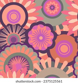 Bohemian seamless  patterns from the 70s with a psychedelic twist, groovy hippie inspired backgrounds. Cartoon style prints featuring flowers and mushrooms, glasses and  retro elements.