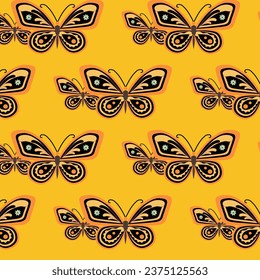 Bohemian seamless  patterns from the 70s with a psychedelic twist, groovy hippie inspired backgrounds. Cartoon style prints featuring flowers and mushrooms, glasses and  retro elements.
