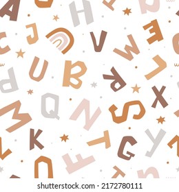 Bohemian seamless pvttern with letters. Pattern for bedroom, wallpaper, kids and baby wear.