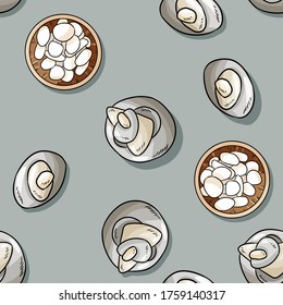 Bohemian seamless wallpaper with sea pebble stones comic style vector pattern. Stock boho cartoon drawing of stones in a pyramid cairn top view from above. Cozy lagom style template background tile