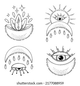 Bohemian set. Moon bowl, all-seeing eye lotus sun stars. Ancient amulet. Symbol of divine power. Hand drawn vector illustration.