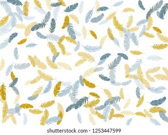 Bohemian silver gold feathers vector background. Plumage glamour fashion shower decor. Flying feather elements airy vector design. Easy plumelet ethnic indian graphics.