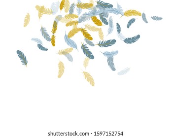 Bohemian silver gold feathers vector background. Decorative confetti of festive plumelet. Plumage glamour fashion shower decor. Falling feather elements soft vector design.
