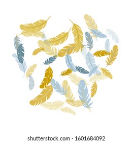 Bohemian silver gold feathers vector background. Lightweigt plumelet windy floating pattern. Flying feather elements airy vector design. Wildlife nature isolated plumage.