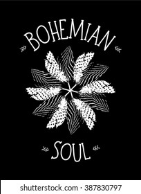 Bohemian Soul text with feather print in vector