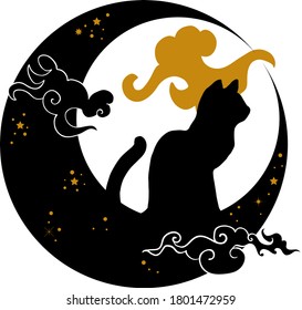 Bohemian sticker, logo of a cat on the moon. Night sky with clouds. Dark gothic, witchy illustration.