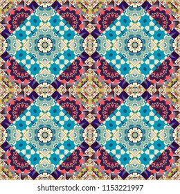 Bohemian style background in blue, gray and orange colors. Vector decorative floral embroidery seamless pattern, ornament for textile, kerchief, pillow or handbag decor.