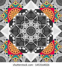 Bohemian style background in brown, gray and yellow colors. Vector decorative floral embroidery seamless pattern, ornament for textile, kerchief, pillow or handbag decor.