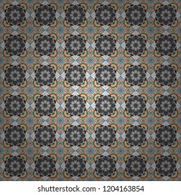 Bohemian style background in gray, beige and blue colors. Vector decorative floral embroidery seamless pattern, ornament for textile, kerchief, pillow or handbag decor.