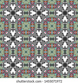 Bohemian style background in gray, blue and brown colors. Vector decorative floral embroidery seamless pattern, ornament for textile, kerchief, pillow or handbag decor.