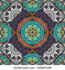 Bohemian style background in gray, blue and brown colors. Vector decorative floral embroidery seamless pattern, ornament for textile, kerchief, pillow or handbag decor.