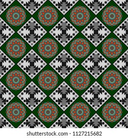 Bohemian style background in gray, brown and black colors. Vector decorative floral embroidery seamless pattern, ornament for textile, kerchief, pillow or handbag decor.