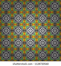Bohemian style background in gray, orange and green colors. Vector decorative floral embroidery seamless pattern, ornament for textile, kerchief, pillow or handbag decor.