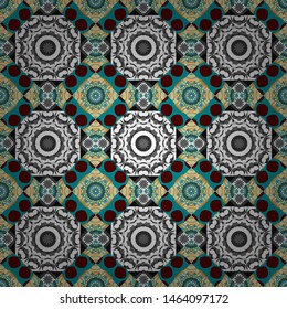 Bohemian style background in gray, red and blue colors. Vector decorative floral embroidery seamless pattern, ornament for textile, kerchief, pillow or handbag decor.