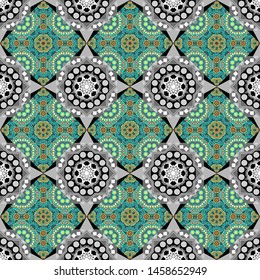 Bohemian style background in green, gray and blue colors. Vector decorative floral embroidery seamless pattern, ornament for textile, kerchief, pillow or handbag decor.