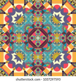 Bohemian style background in neutral, blue and orange colors. Vector decorative floral embroidery seamless pattern, ornament for textile, kerchief, pillow or handbag decor.