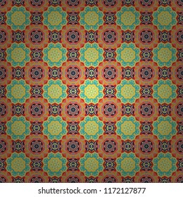 Bohemian style background in orange, blue and yellow colors. Vector decorative floral embroidery seamless pattern, ornament for textile, kerchief, pillow or handbag decor.