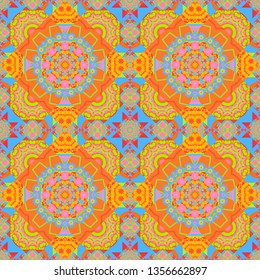 Bohemian style background in orange, blue and green colors. Vector decorative floral embroidery seamless pattern, ornament for textile, kerchief, pillow or handbag decor.