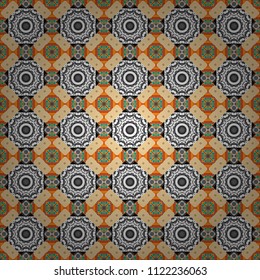 Bohemian style background in orange, gray and beige colors. Vector decorative floral embroidery seamless pattern, ornament for textile, kerchief, pillow or handbag decor.