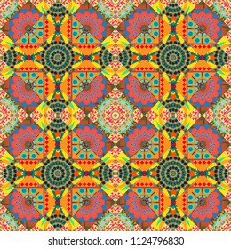 Bohemian style background in orange, pink and blue colors. Vector decorative floral embroidery seamless pattern, ornament for textile, kerchief, pillow or handbag decor.