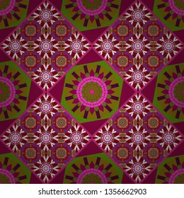 Bohemian style background in purple, magenta and red colors. Vector decorative floral embroidery seamless pattern, ornament for textile, kerchief, pillow or handbag decor.