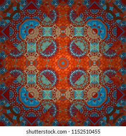 Bohemian style background in red, blue and orange colors. Vector decorative floral embroidery seamless pattern, ornament for textile, kerchief, pillow or handbag decor.