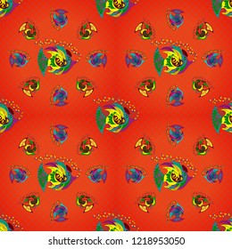 Bohemian style background in red, blue and green colors. Decorative floral embroidery seamless pattern, ornament for textile, kerchief, pillow or handbag decor.