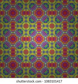 Bohemian style background in violet, blue and yellow colors. Vector decorative floral embroidery seamless pattern, ornament for textile, kerchief, pillow or handbag decor.