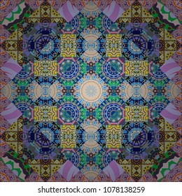 Bohemian style background in violet, gray and blue colors. Vector decorative floral embroidery seamless pattern, ornament for textile, kerchief, pillow or handbag decor.