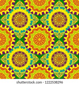 Bohemian style background in yellow, red and green colors. Vector decorative floral embroidery seamless pattern, ornament for textile, kerchief, pillow or handbag decor.