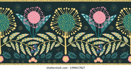 Bohemian style border with pink, gold flowers and teal leaves. Paper cut out effect on leaves. Seamless folk style vector pattern on black background. Great for stationery, products